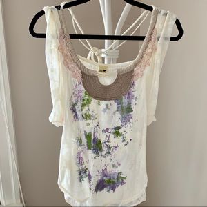 Free people white tank w purple & green paint